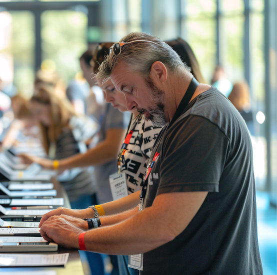 Attendees checking in at event registration laptops